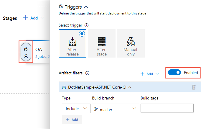 A screenshot showing predeployment artifact filters.