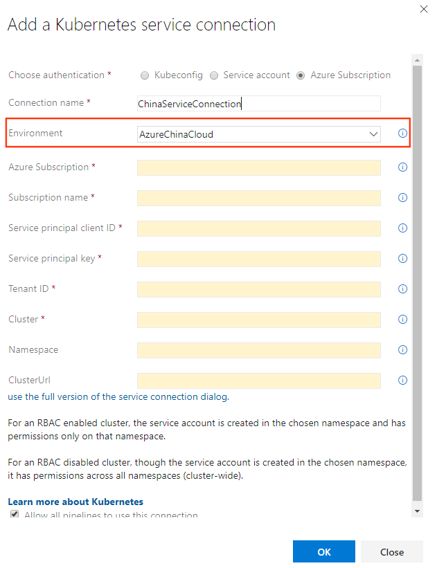 Sovereign cloud support in Kubernetes service connection.