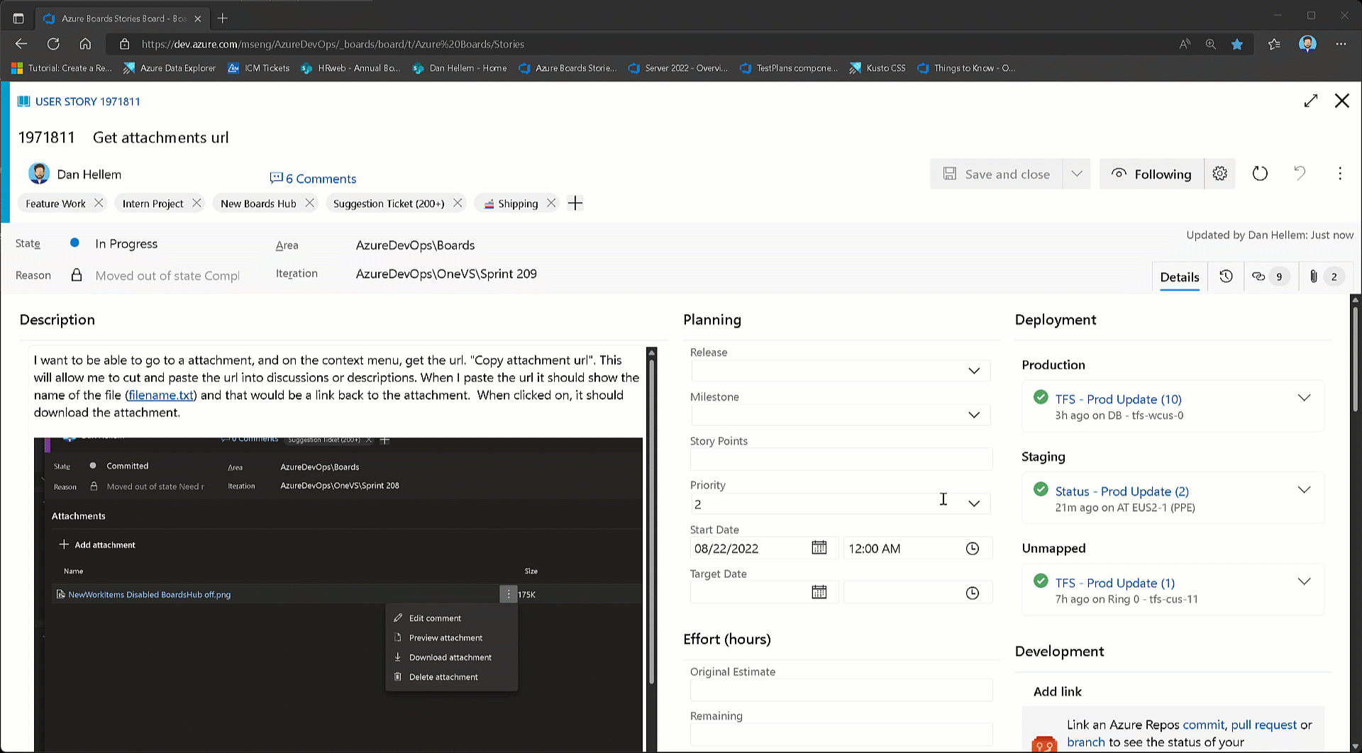 Gif to demo copy work item attachment URL.