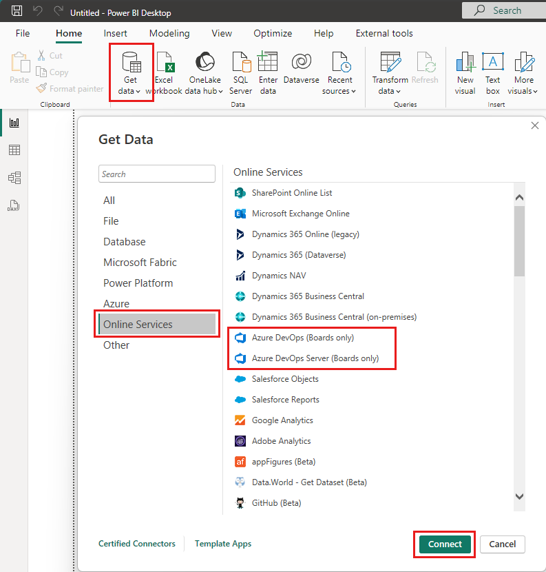 Screenshot that shows the Get Data flow.