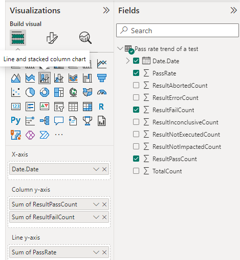 Screenshot of visualization fields selections for Pass rate trend duration table report. 