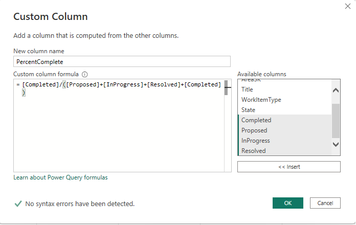 Custom Column Dialog, PercentComplete syntax.