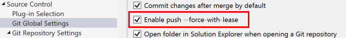 Screenshot showing the checkbox to enable push force with lease in the Options dialog box in Visual Studio.