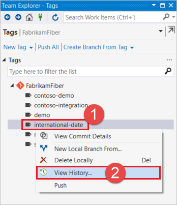 Screenshot of view tag history selection in Visual Studio.