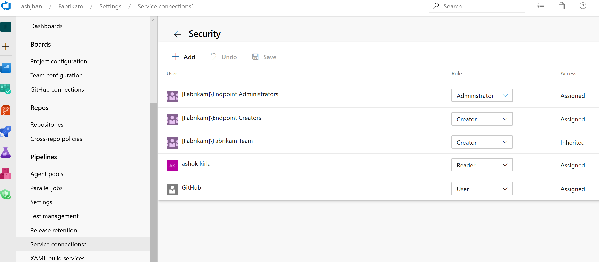 Screenshot that shows role-based access for service connections.