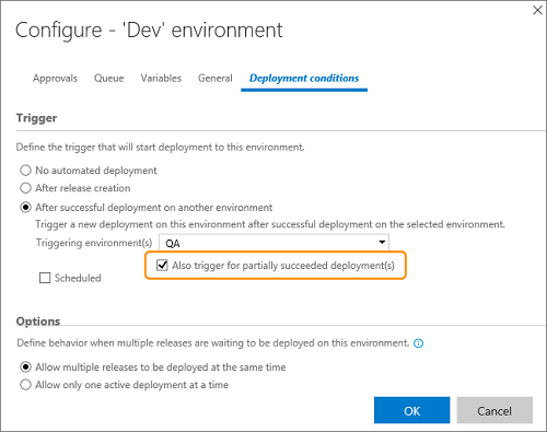 Setting the option to trigger from a partially successful release