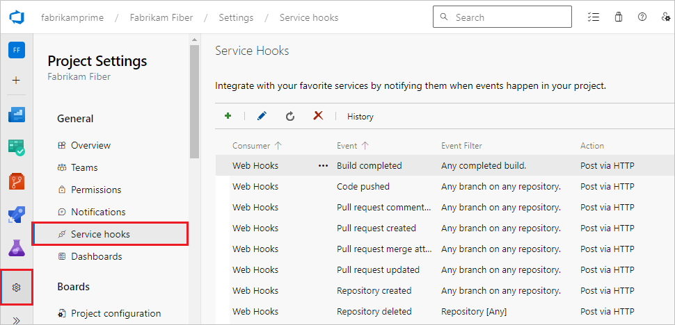 Project settings page