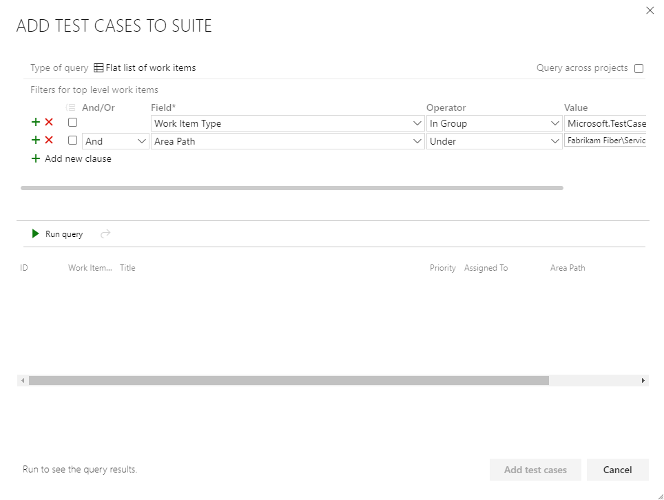 **Define** tab, add existing test cases dialog.