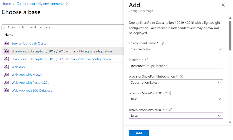 Screenshot that shows the Add pane with settings to configure for a SharePoint environment.