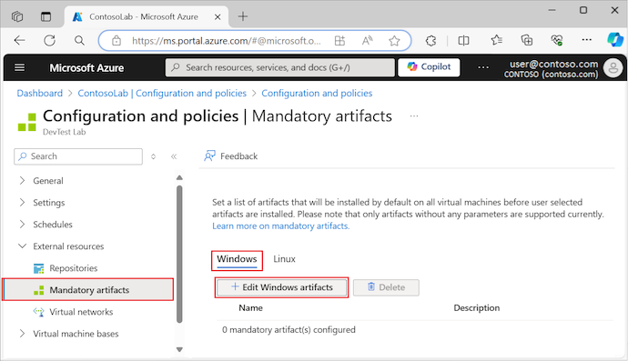 Screenshot that shows how to Edit Windows artifacts for lab virtual machines in the Azure portal.
