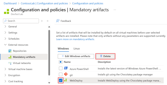 Screenshot that shows how to select the Delete option to remove a mandatory artifact.