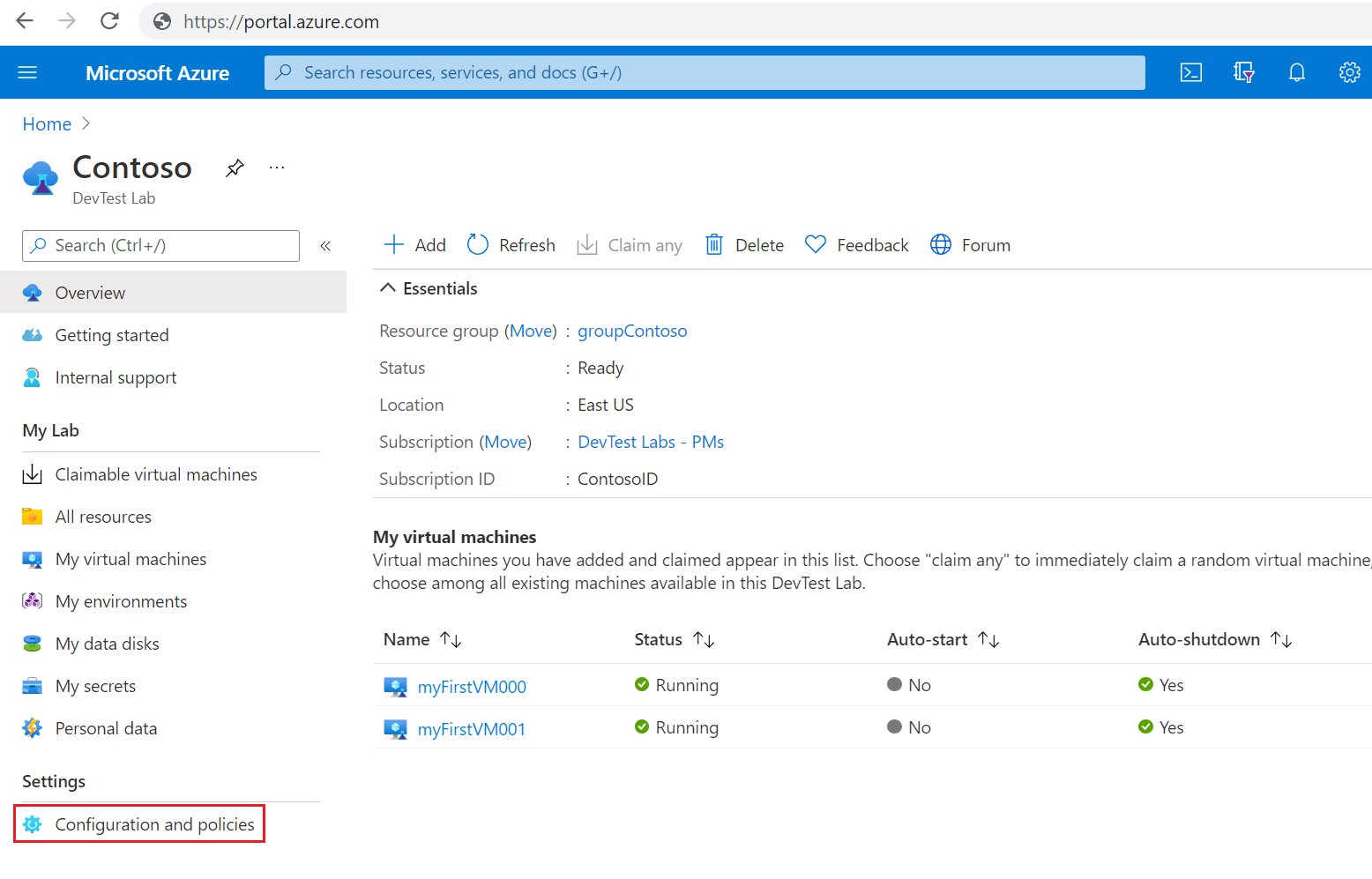 Screenshot that shows the Configuration and policies menu for a lab.