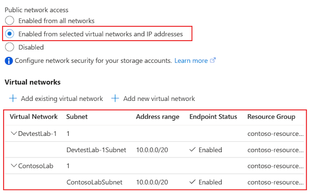 Screenshot that shows the Enabled from selected virtual networks and IP addresses selection for the lab resource storage account.