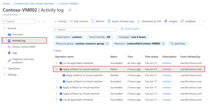 Screenshot that shows how to locate the Activity log entry for a failed artifact on the lab VM.