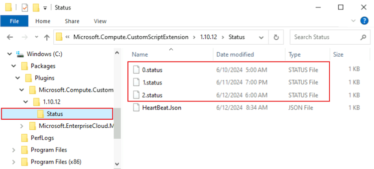 Screenshot that shows the contents of the Status folder on a Windows virtual machine for DevTest Labs.