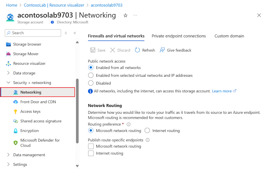 Screenshot that shows how to view the Networking configuration for the storage account for a DevTest Labs lab resource.