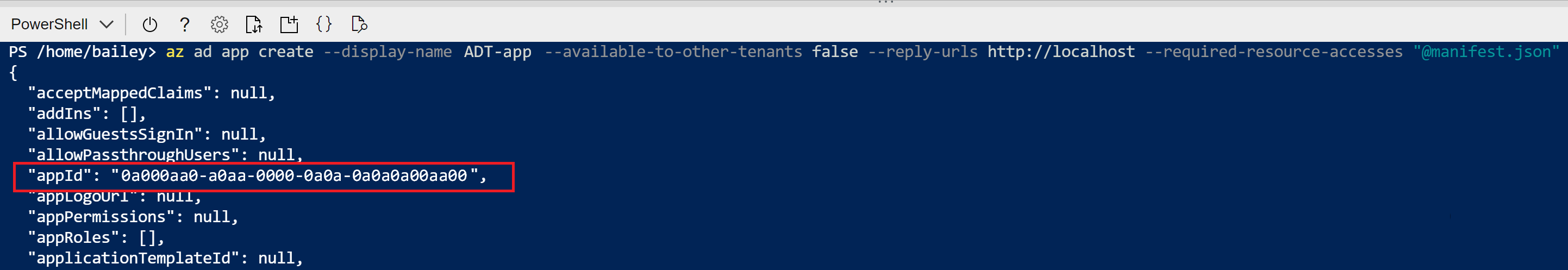 Screenshot of Cloud Shell output of the app registration creation command. The appId value is highlighted.