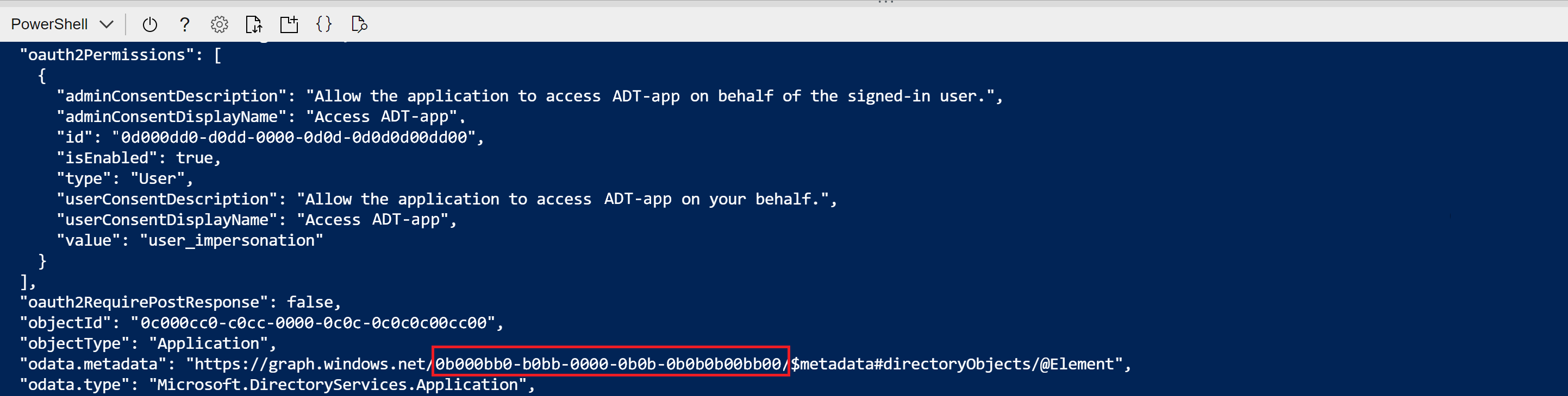 Screenshot of Cloud Shell output of the app registration creation command. The GUID value in the odata.metadata is highlighted.