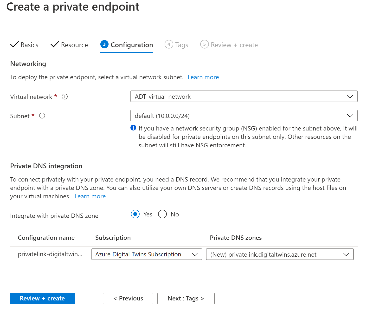 Screenshot of the Azure portal showing the third (Configuration) tab of the Create a private endpoint dialog. It contains the fields described above.