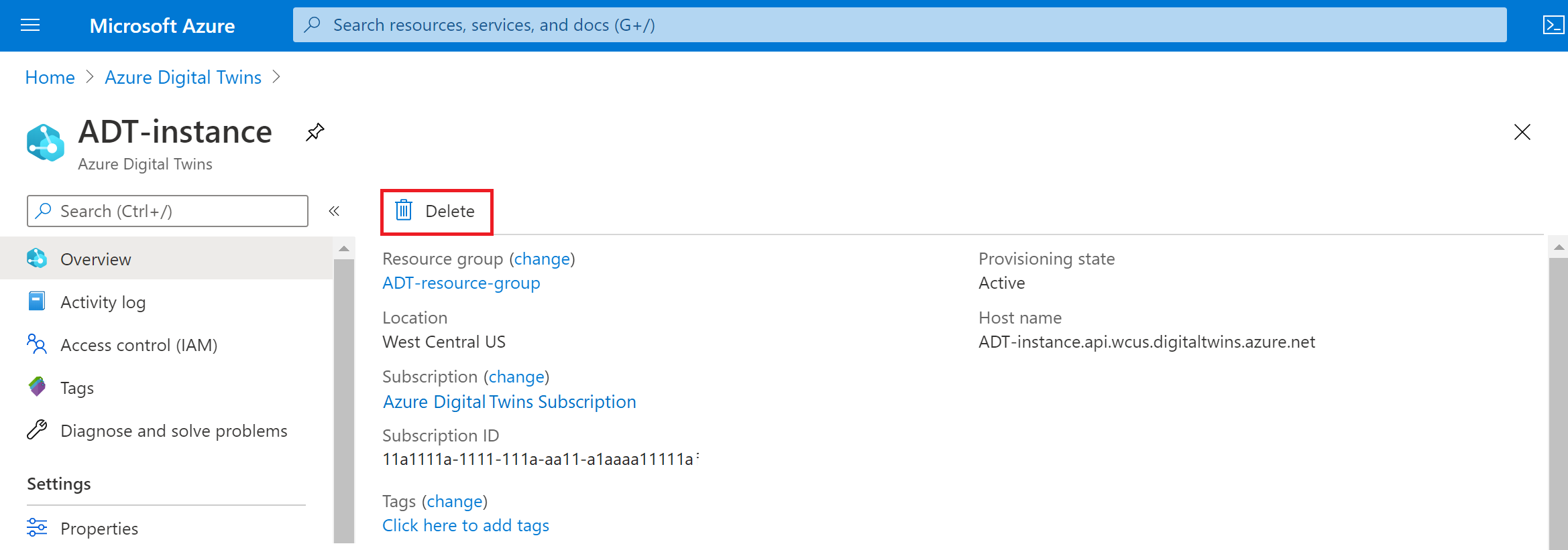 Sscreenshot of the Azure Digital Twins instance details in the Azure portal, on the Overview tab. The Delete button is highlighted.