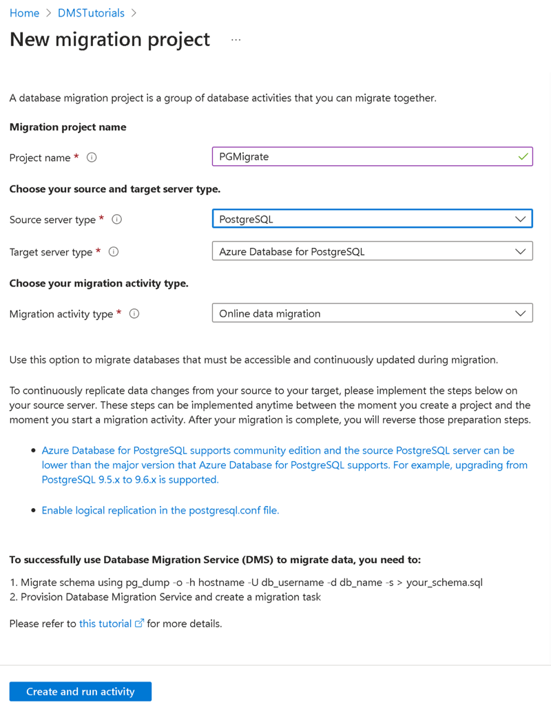 Screenshot of a Create a new migration project.