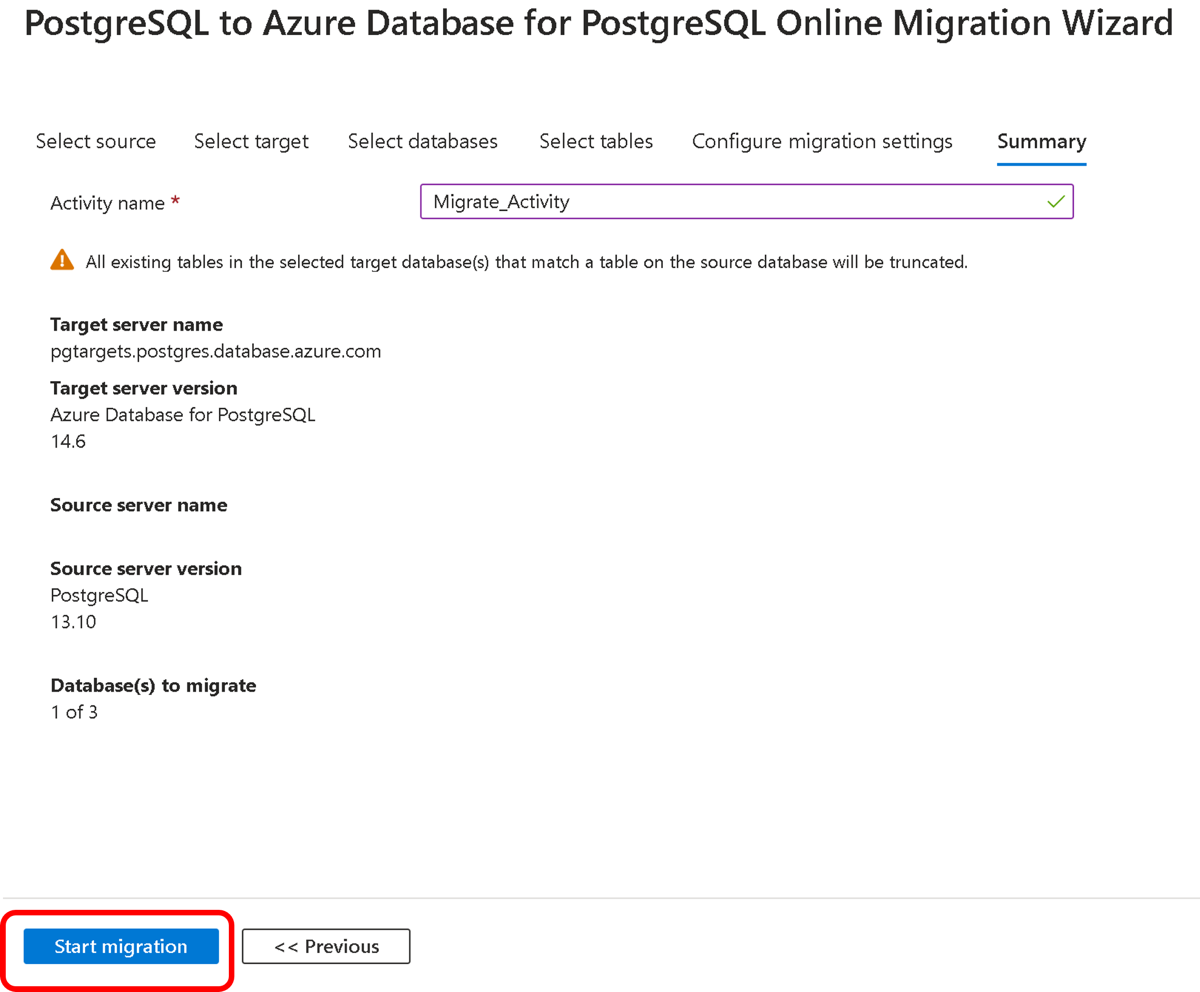 Screenshot of migration summary screen.