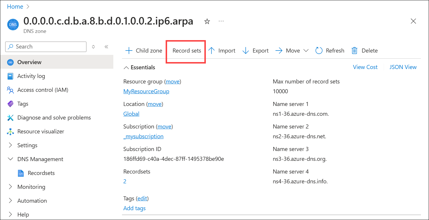 A screenshot of how to add an IPv6 reverse DNS record to a DNS zone.