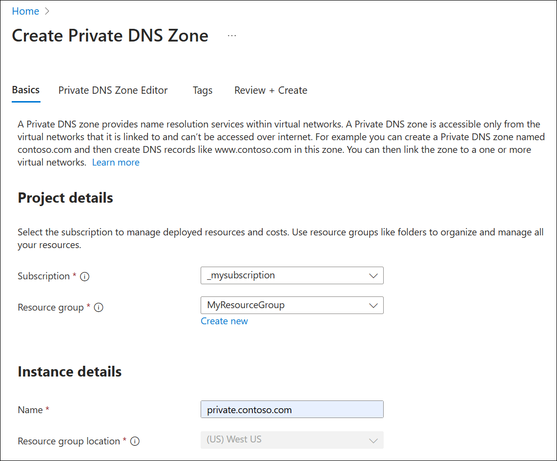 Screenshot of creating a private DNS zone.