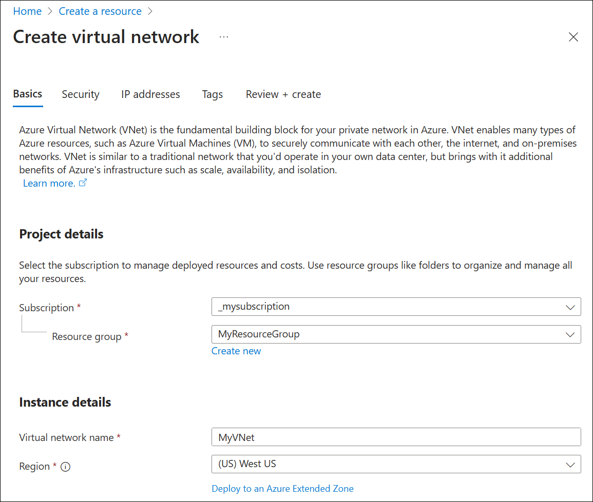 Screenshot of creating a virtual network basics tab.
