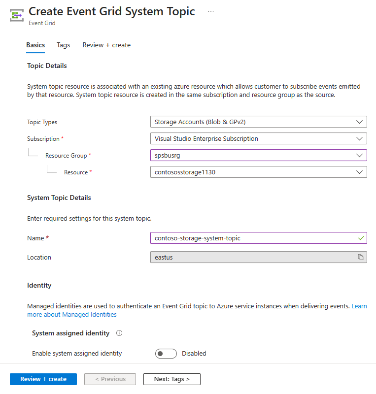 Screenshot that shows the Create System Topic page.