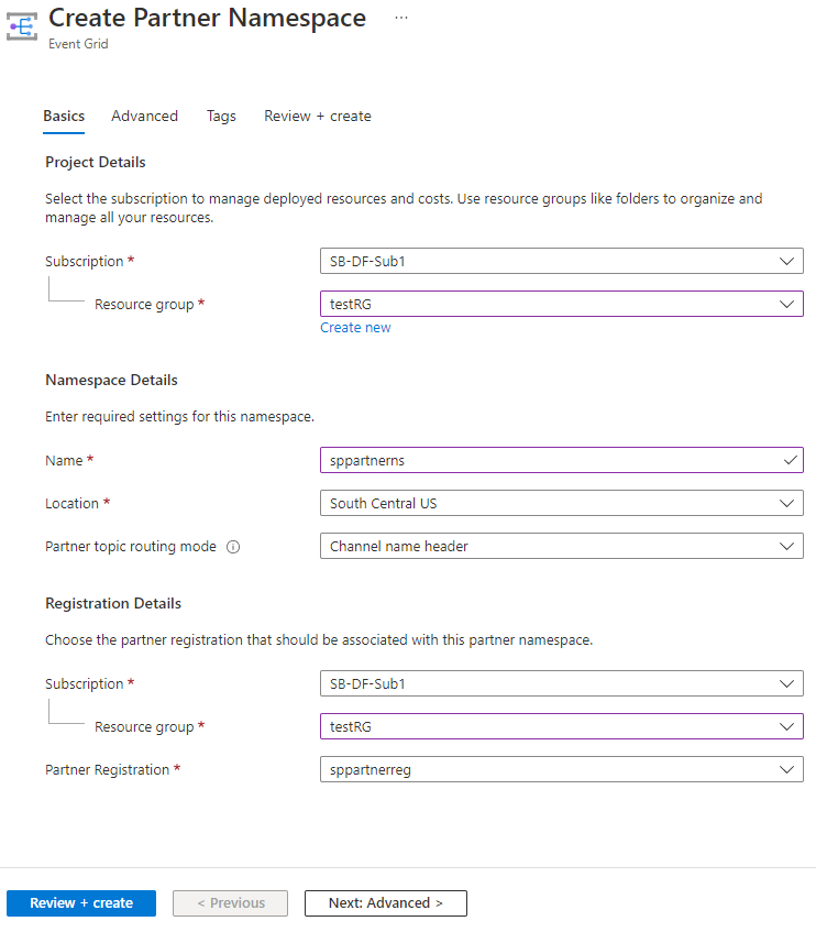 Create partner namespace - basics page