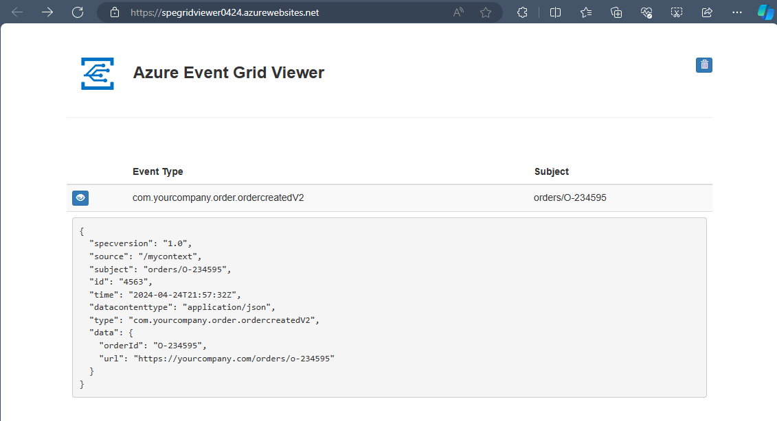 Screenshot that shows the Azure Event Grid Viewer with a sample received event.
