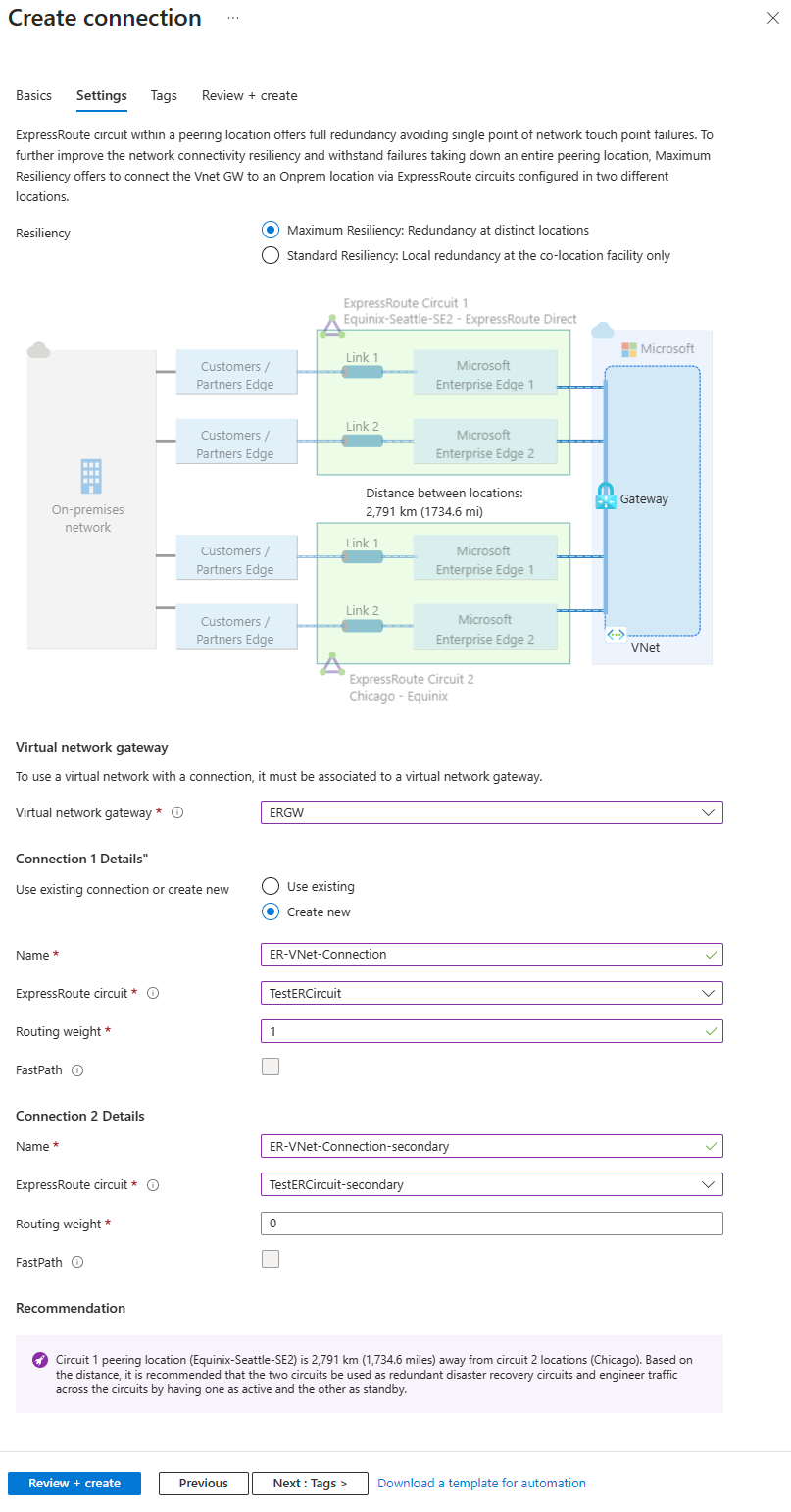 Screenshot of the settings page for maximum resiliency ExpressRoute connections to a virtual network gateway.