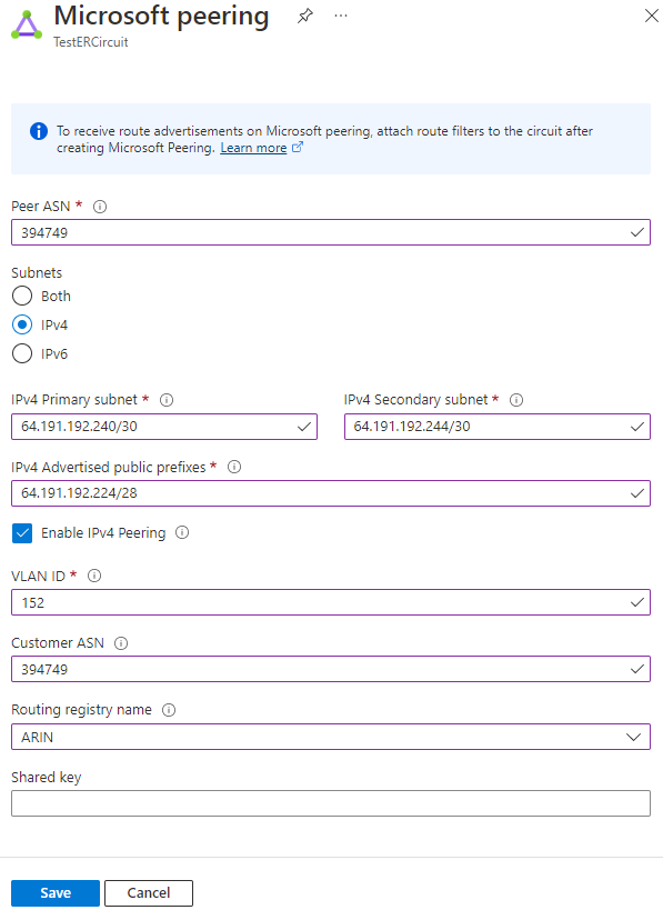 Screenshot showing Microsoft peering configuration.