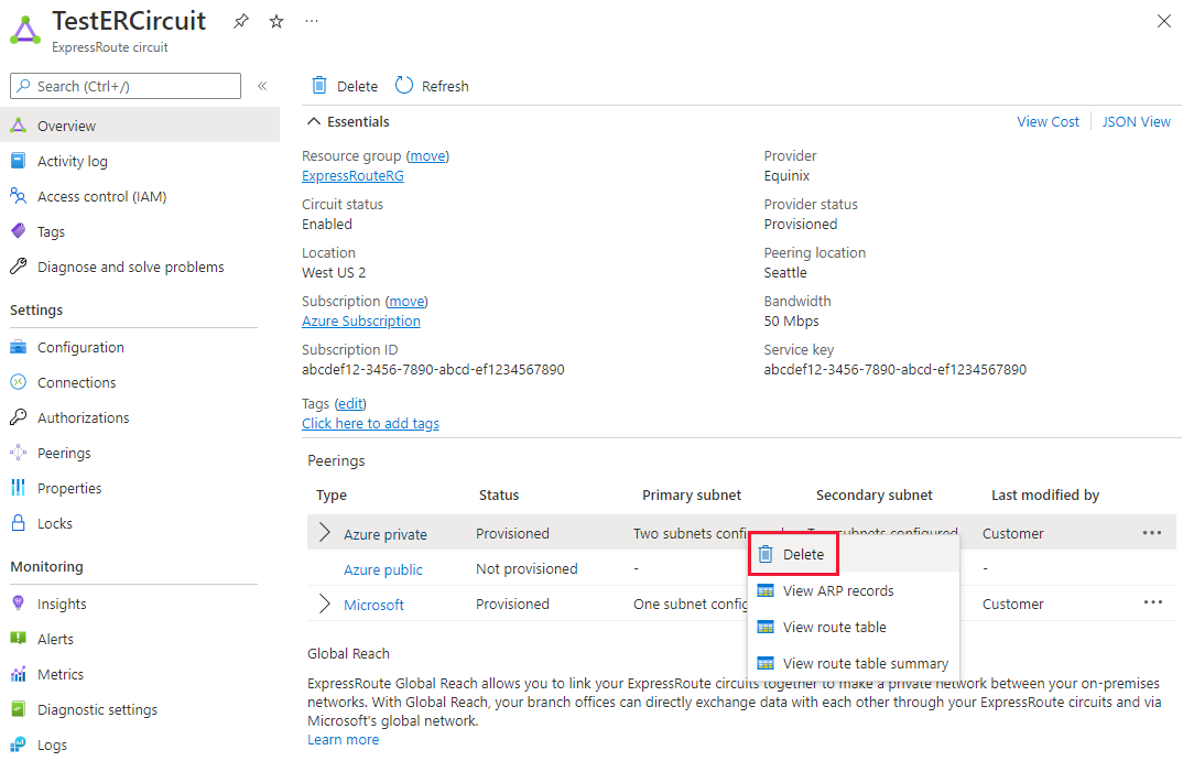 Screenshot showing how to delete private peering.