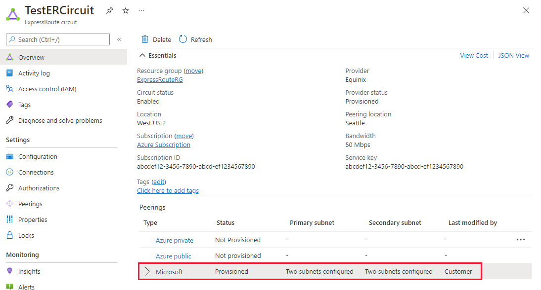 Screenshot showing how to view Microsoft peering properties.