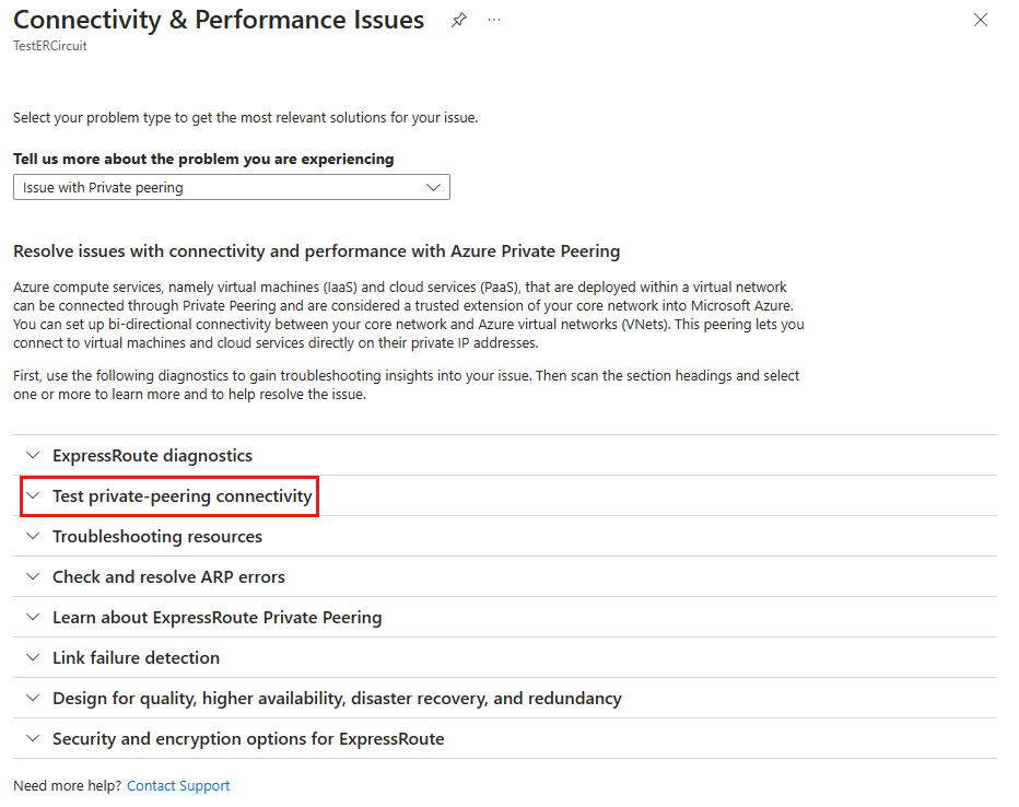 Screenshot of the options for troubleshooting connectivity issues, with the option for private peering highlighted.