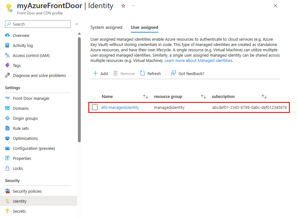Screenshot of the add user assigned managed identity added to Front Door profile.