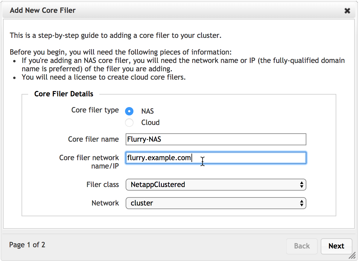 First page of the hardware NAS new core filer wizard. The option for "cloud core filer" is disabled and shows an error message about the missing license.