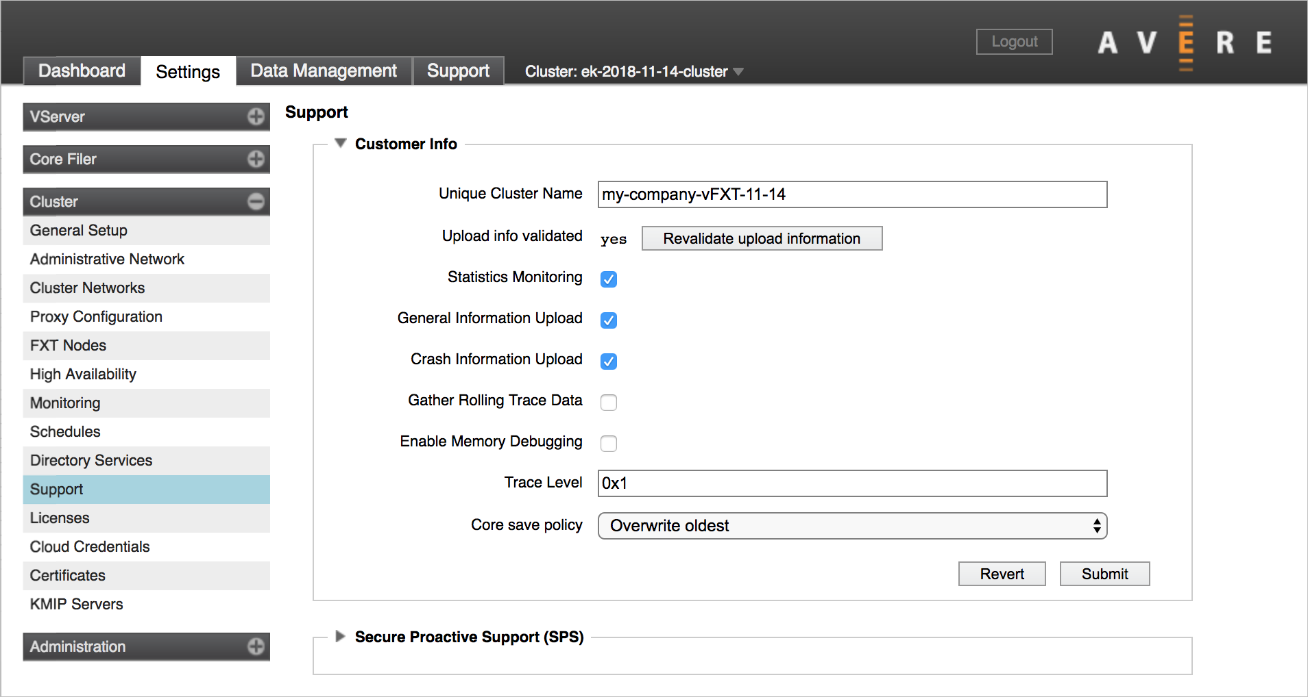 Screenshot containing completed customer info section of support settings page