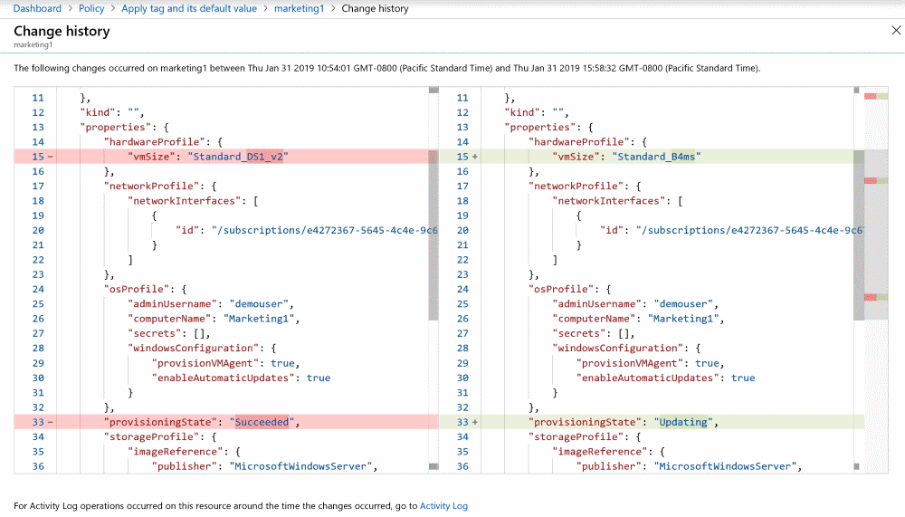 Screenshot of the Change History Visual Diff of the before and after state of properties on the Change history page.