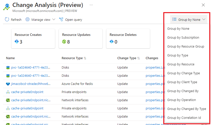 Screenshot of the drop-down for selecting how to group Change Analysis results.