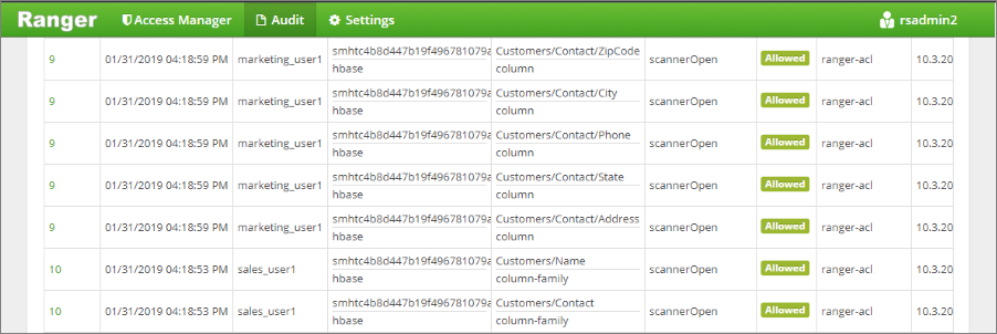 Screenshot that shows the HDInsight Ranger UI Policy Audit.