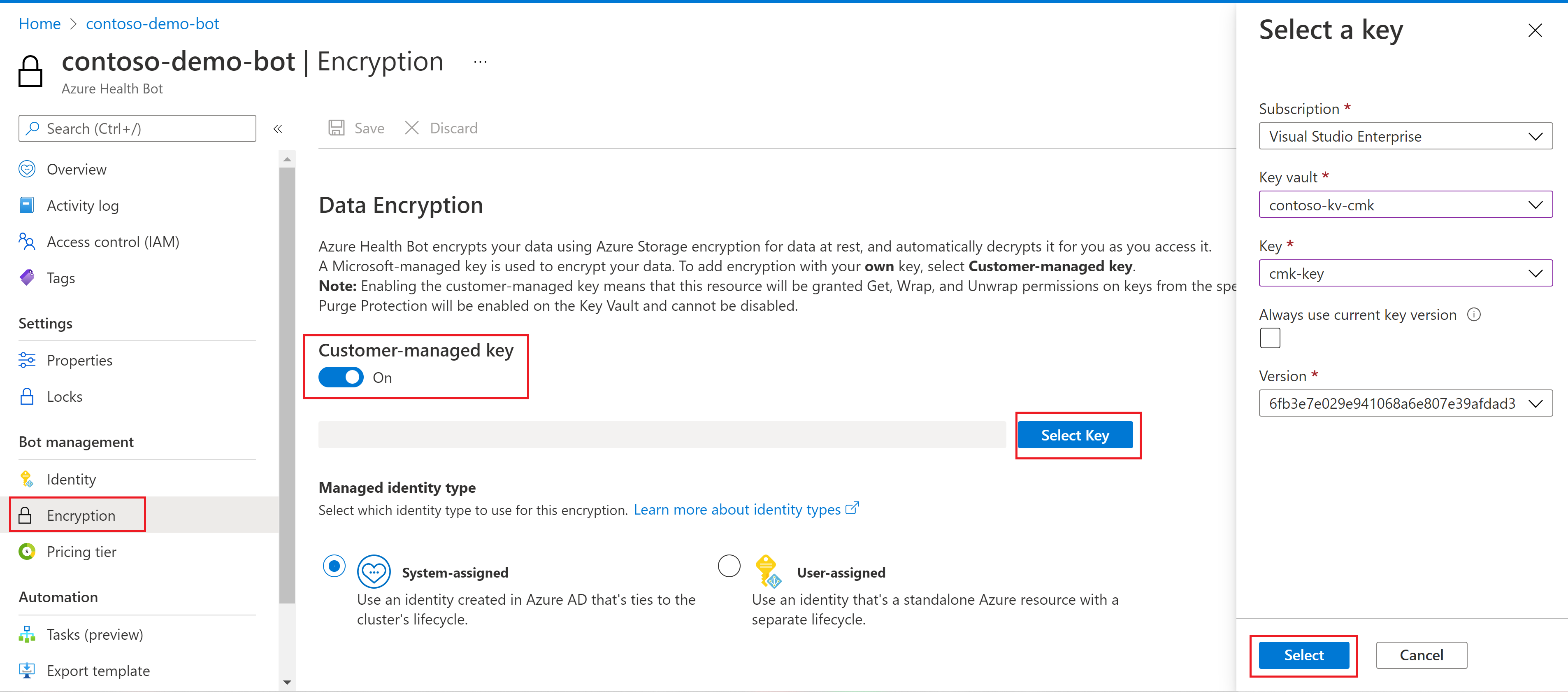 Enable CMK in Azure AI Health Bot