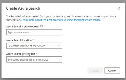 Screenshot of the language studio, create azure search