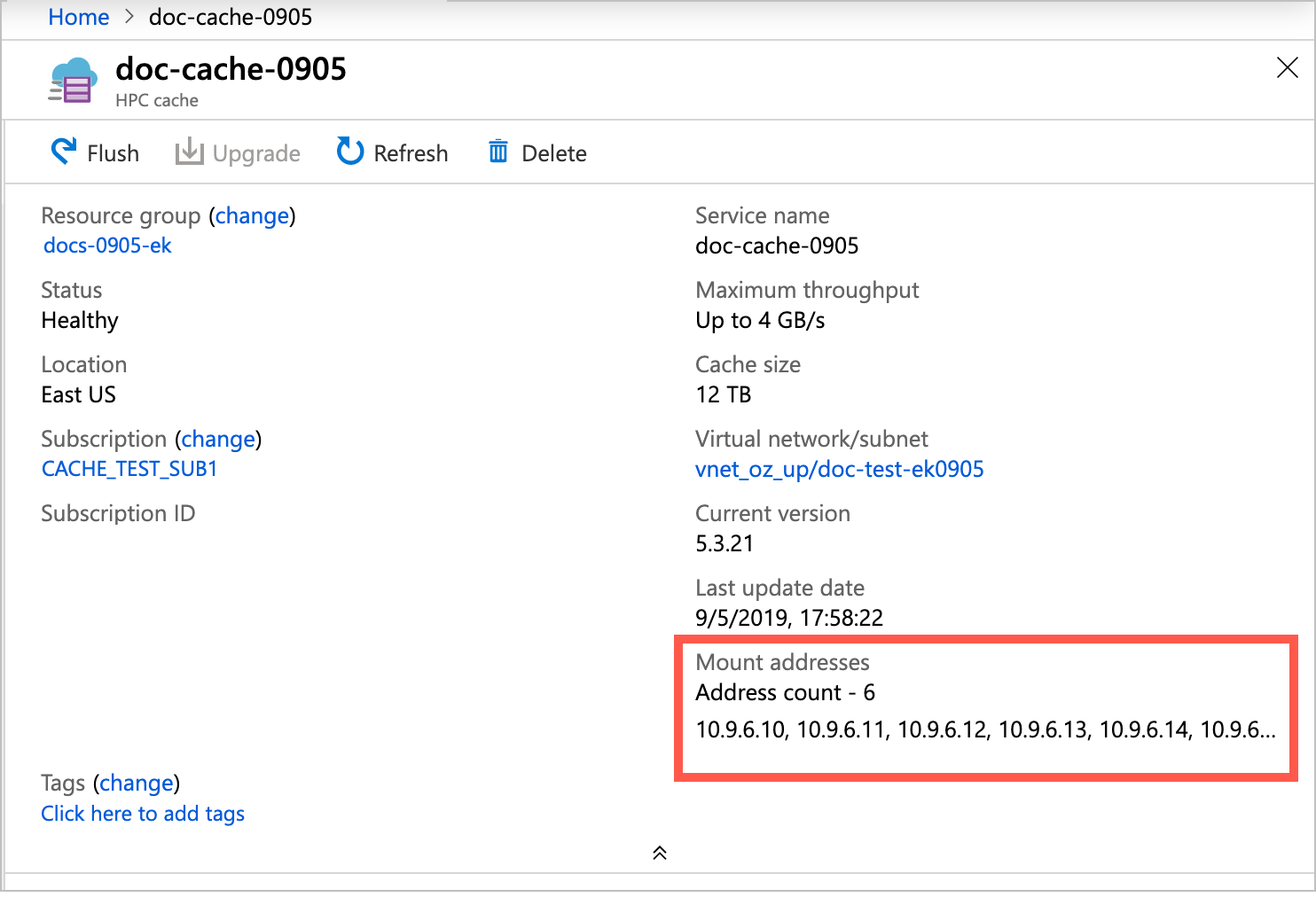 screenshot of Azure HPC Cache instance's Overview page, with a highlight box around the mount addresses list on the lower right