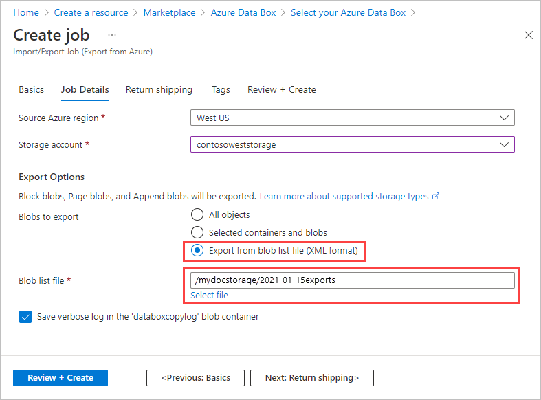 Screenshot of Job Details for Azure Import Export job that selects blobs using a blob list file. Blob list file option and selected file are highlighted.