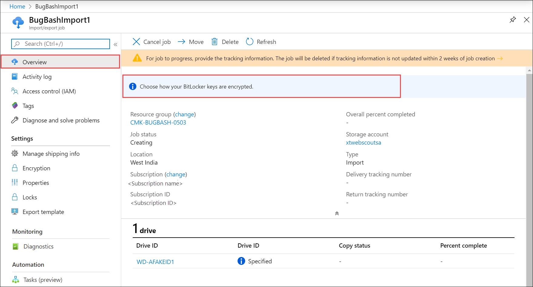 Screenshot of Overview blade for Azure Import/Export job. Overview menu item and link that opens BitLocker key options are highlighted.