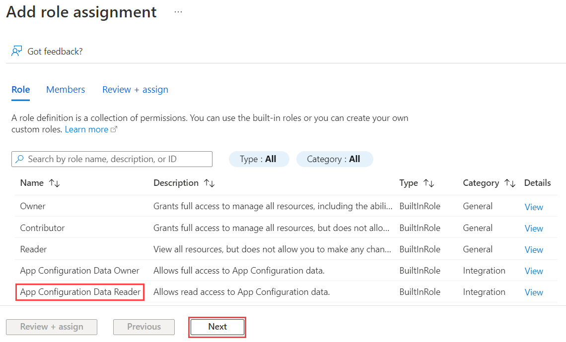 Screenshot that shows the Add role assignment page with Role tab selected.