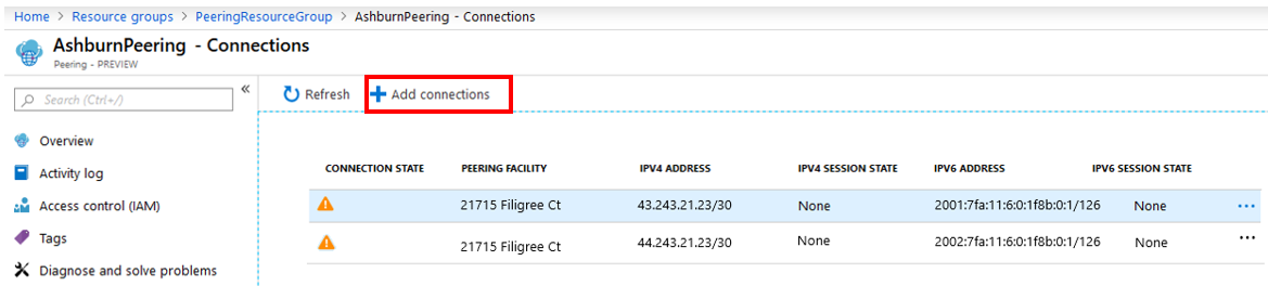 The AshburnPeering - Connections page lists the connections. The + Add connections button is highlighted.